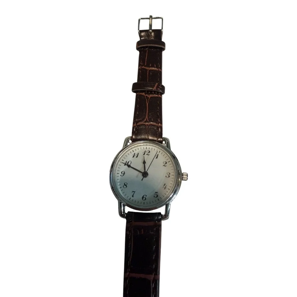 Womens Classic Silver Tone Analog Watch Brown Croc Embossed Leather Strap Quartz